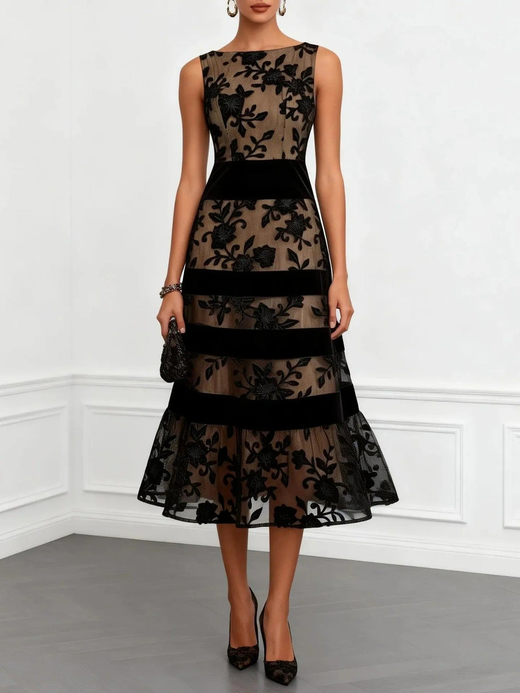 Odette Vestido Midi de Tul Bordado Floral