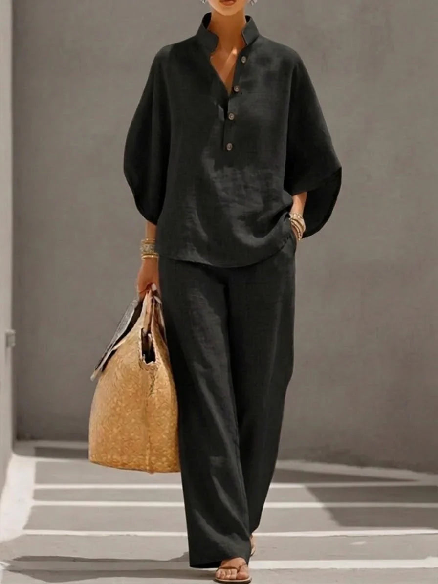 ISABEL | Linen batwing sleeve and wide-leg pant set