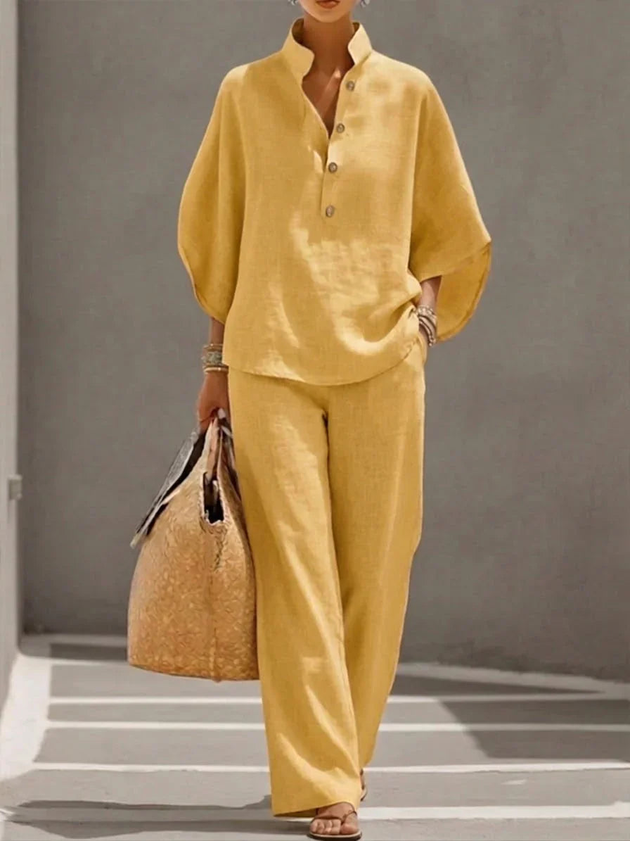 ISABEL | Linen batwing sleeve and wide-leg pant set
