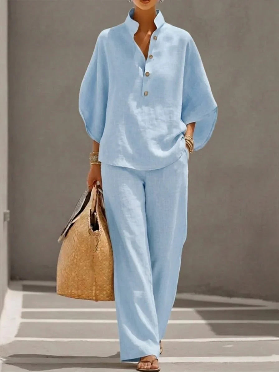 ISABEL | Linen batwing sleeve and wide-leg pant set