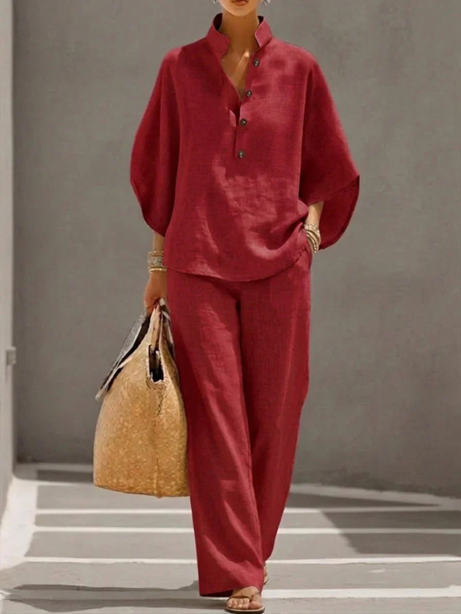 ISABEL | Linen batwing sleeve and wide-leg pant set