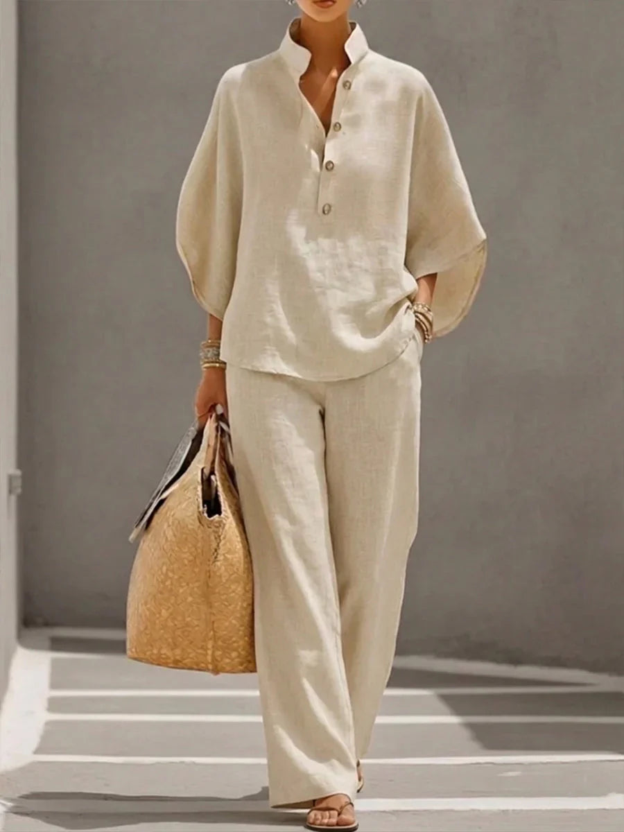 ISABEL | Linen batwing sleeve and wide-leg pant set