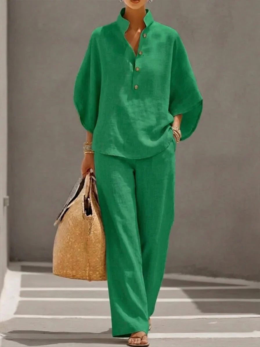 ISABEL | Linen batwing sleeve and wide-leg pant set